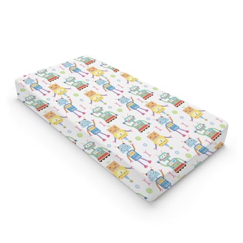 Image of Cartoon Robots Changing Pad Covers Cute Robots Baby Diaper Changing Table Cover for Boys Girls Robots Nursery Decor Ultra Soft Breathable Stretch Changing Table Sheets Mats 32''x16''