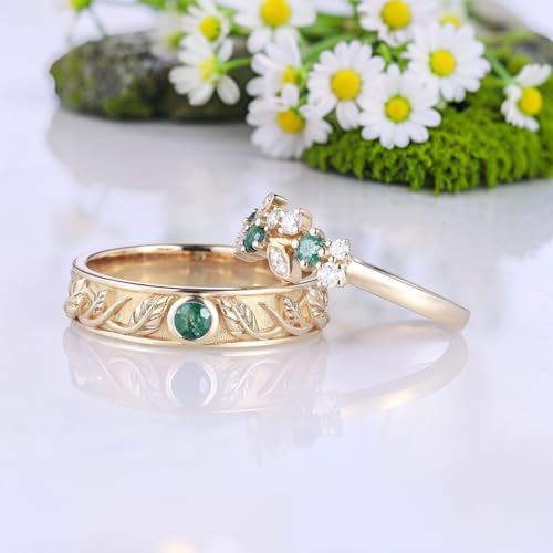 Moss Agate Promise Rings for Couples, 925 Sterling Silver/10K 14K 18K Solid Gold Natural Moss Agate Wedding Rings for Him And Her, Vintage Leaf Matching Couple Rings Anniversary Jewelry Gift3