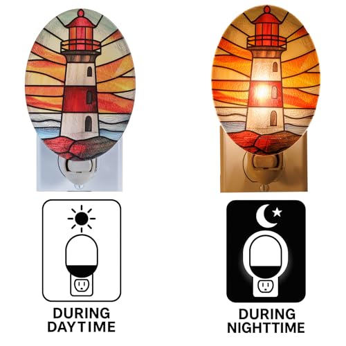 Image of Lighthouse Stained Glass Styled Night Light Plug in - Made with Real Glass, Bulb Included, On /Off Switch - Nautical Beach Theme Bathroom, or Beach House Accent Light Dusk Orange