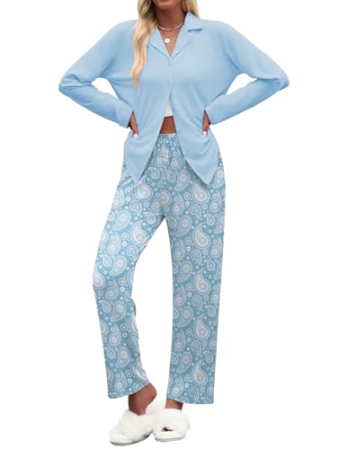 Ekouaer Women's Pajamas Sets Button Down Long Sleeve Lounge Sets Soft 2 Piece Pants Sleepwear