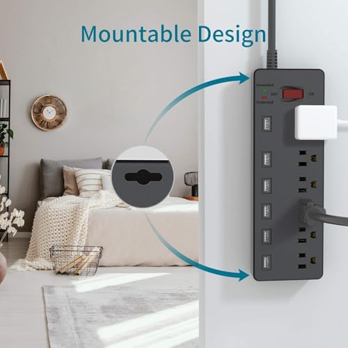 Surge Protector Power Strip, 6FT Surge Protector con 6 tomas y 6 puertos de carga USB, cable de extensión de 6 pies para hogar, oficina, 1625W/13A miniatura 6