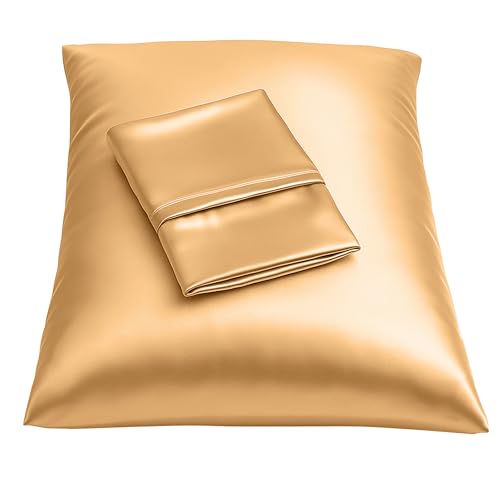 BLISSFORD Satin Pillowcase with Zipper, for Hair and Skin Care, Feels Soft and Cool Like a Silk Pillowcase, Gold Satin Pillow Cases 2 Pack, Slik Pillow Cover, Queen Size - Set of 2