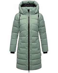 MARIKOO Damen Langer Wintermantel warmer Steppmantel mit abnehmbarer Kapuze Kaltnäschen 16 Smokey Mint Gr. S