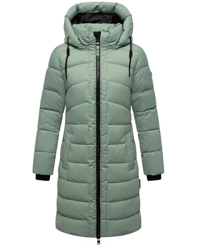 MARIKOO Damen Langer Wintermantel warmer Steppmantel mit abnehmbarer Kapuze Kaltnäschen 16 Smokey Mint Gr. L