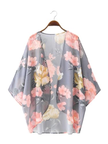 Image of Chunoy Women Floral Beach Wear Cover Up Chiffon Kimono Cardigan Open Front Blouse Top