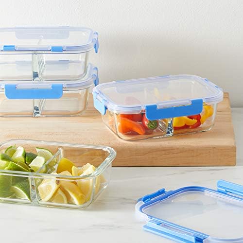 Amazon Basics 2 Compartment Glass Meal Preparation Containers, 1065 ml, 10-Piece Set, 5 Containers and 5 BPA-Free Lids, Clear with Blue Silicone Ring