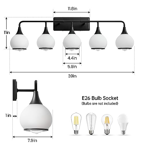 Image of Black Bathroom Light Fixtures 5-Lights Vanity Lights with Milky White Frosted Glass Shade Bathroom Vanity Light 39.2 inch Wall Sconce Lighting Bath(Exclude E26 Bulb)