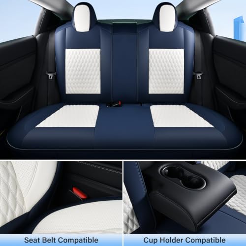 Image of Coverado Car Seat Covers for Tesla Model 3, Car Seat Covers Full Set 5 Seater, Leatherette Car Seat Covers Front Seats and Back Custom for Tesla 2017-2023 Model 3 BlueWhite
