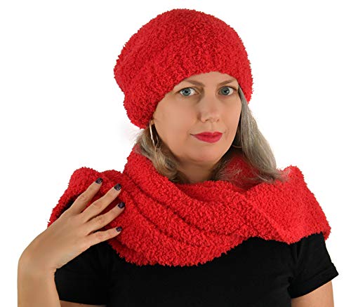 Barefoot Dreams CozyChic Red Beanie and Scarf Set, Slouchy, 100% Polyester Microfiber, Comfortable Winter Gear