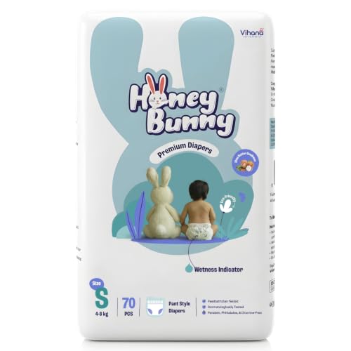 Image of Honey Bunny Premium Baby Diaper Pants - S (4-8 kg) - 70 Diapers | With Shea Butter Infused Care, 360 Super Soft Comfort, Ultra Thin Fit & Breathable Extra Absorb Core