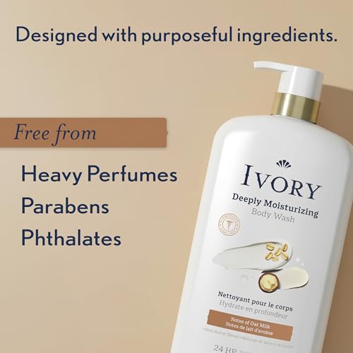 Image of Ivory Body Wash, Deeply Moisturizing, 24hr Nourishing Hydration, Soothes Itchy Dry Skin, Made with Shea Butter Blend, Free of Dyes Heavy Perfumes Parabens & Phthalates, Oatmilk Scent, 27 oz