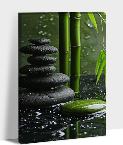 Zen Stone Wall Art, Green Bamboo Bathroom Pictures Wall Decor,