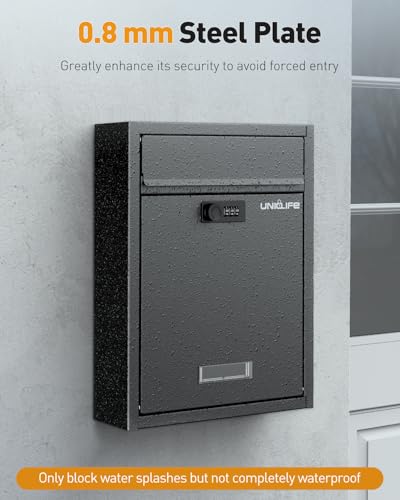 Uniclife Wall Mount Mailbox für außen, große Ablagefach mit Zahlenschloss, Sicherheit Schließung Mailbox für Haus, Safe Key Drop Box, Postkasten, Stahl Cash Drop Box für Home Office School, schwarz