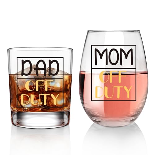 Onehaus Dad & Mom Off Duty Gifts, Whiskey Glass And Stemless Wine Glass Set, Birthday Gift For Father’S Day Mother’S Day Christmas Birthday Daily Use Baby Shower cover