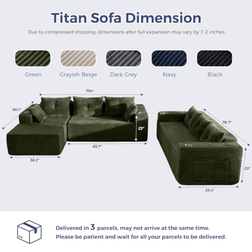 Image of MAXYOYO Modular Sectional Couch with L-Shape Chaise and Loveseat, Modern Boneless Couch for Living Room, Oversized Sofa with Deep Seat, No Assembly Required, Green