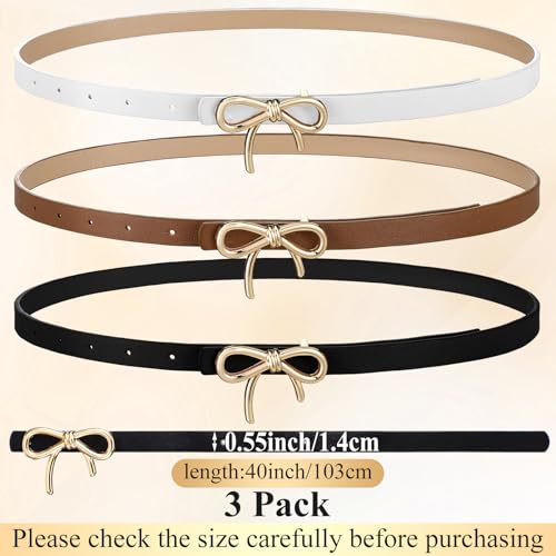 3 Pcs Bow Skinny Belt Womens Leather Fashion Bow Dress Belt Thin PU Leather Skinny Waist Decor for Women Pants Jeans2
