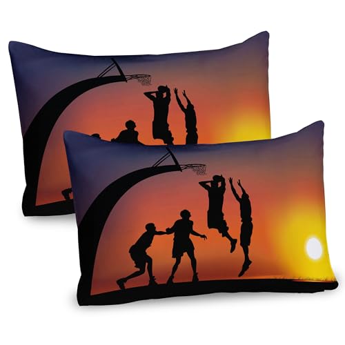 Ambesonne Teen Room Pillow Sham Set of 2, Boys Playing Basketball at Sunset Horizon Sky Dramatic Scenery, Quality Microfiber Bedding Item for All Seasons, 30