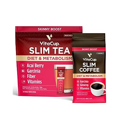 VitaCup Slim Instant Tea Packets Acai Oolong tea 24ct + Slim Instant Medium-Dark Ground Coffee 11oz, w/B Vitamins, Garcinia Camogia, Fiber, For Diet & Metabolism Support