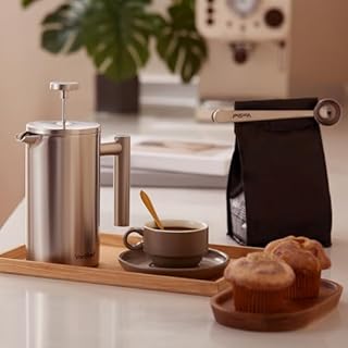 VonShef 6 Cup Cafetiere, Stainless Steel 800ml Double Walled French Press with Measuring Spoon/Bag Seal, Dishwasher Safe Filter Coffee Maker with Plunger