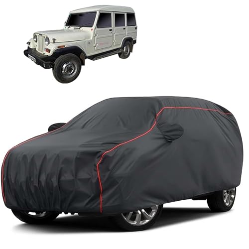 Image of Sulfar 100% Water Resistant Car Body Cover Compatible with Mirror for Mahindra Marshal (Triple Stitched, Full Bottom Elastic, Dark Grey Taffeta with Red Piping)