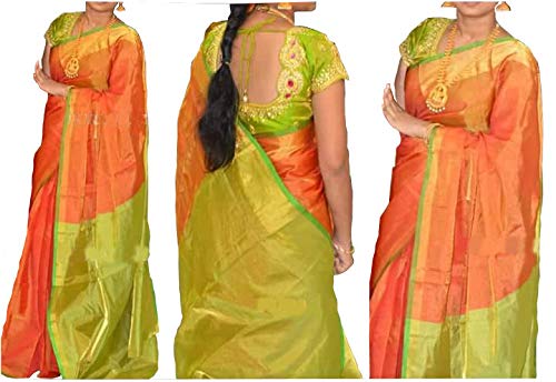 Buy Orange Green Plain/Solid Uppada Pattu Silk Saree With blouse piece at  Amazon.in