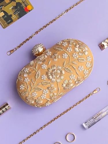 Image of THE TAN CLAN Hand Embroidered Luxury Clutch Purse for Women | Evening Hand Clutch Bag | Ladies Party Wedding Purse with Chain Strap | Ethnic Woman Handbag Gift for Birthday, Anniversary