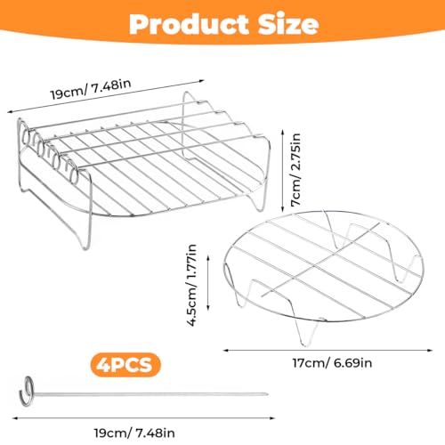 2 Stück Edelstahl Airfryer Grillpfanne Grillrost, Heißluftfritteuse Zubehör Grillrost, Air Fryer Double Layer Rack mit 4 Spießen, Stapelbare Grillrost und Dämpfen Rack, für Huhn,Rindfleisch, Gemüse