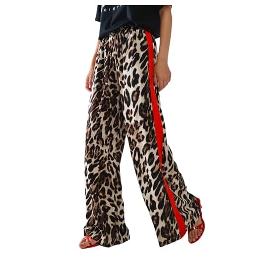 Charfille Women's Casual Pants Drawstring Leopard Print Color Block Side Striped Straight Leg Wide Leg Loose Pants (1-a-Brown, Small)