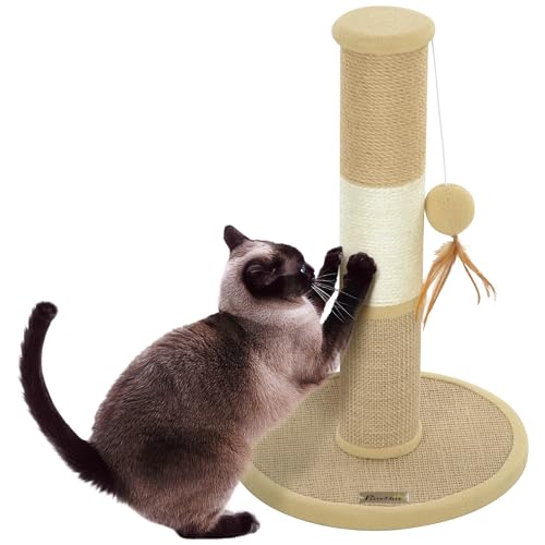 PawHut Cat Scratching Post for Indoor Cats, 47cm Tall Cat Scratcher with Jute Sisal Rope, Hessian fabric, Hanging Toy Ball, Feather, Kitty Climbing Tree with Anti-slip Base, Brown