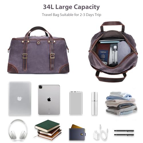 Large Capacity Waterproof Waxed Canvas & Genuine Leather Travel Duffel Bag,TSA Friendly - Grey2
