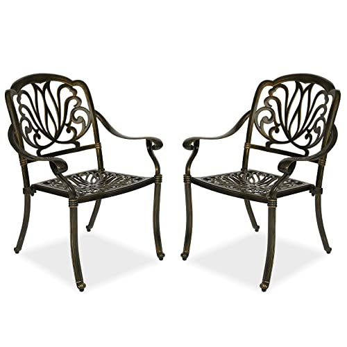 MEETWARM 2 Piece Patio Dining Chairs, Outdoor All-Weather Cast Aluminum Chairs, Patio Bistro Dining Chair Set of 2 for Garden Deck Backyard, Dark Bronze