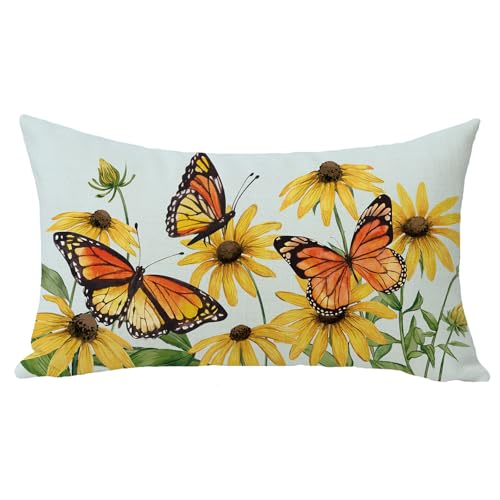 Fjfz Spring Summer Butterfly Floral Lumbar Decorative Throw Pillow Cover 12 x 20, Rectangular Yellow Daisy Flower Outdoor Home Decor, Plants Botanical Farmhouse Sofa Couch Cushion Case
