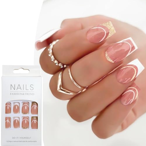 KXUSW 48 Piezas de uñas postizas, uñas postizas francesa, uñas postizas cortas,con Pegamento para Uñas, Uñas Adhesivas para Mujeres y Niñas (B)