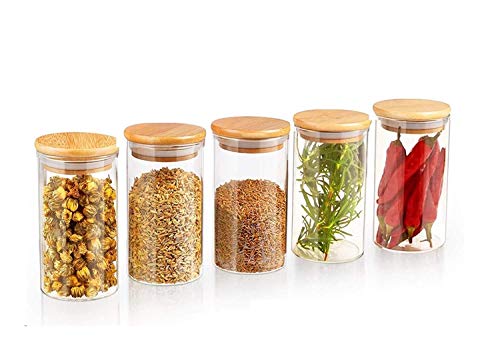 Image of Borosilicate Spice Jars with Airtight Bamboo Lid Kitchen Food Storage Container Set with Natural Bamboo Lids For Candy, Rice, Sugar, Flour, Pasta, Nuts (320ML JARS, 6 PCS, Transparent)