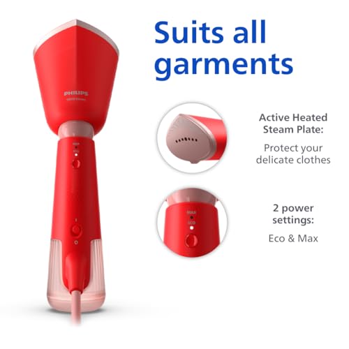 Philips 5000 Series Handheld Steamer – Sleek design, Adjustable Head, Quick Heat-up, Eco & Max Settings, Safe For Delicate Fabrics, Steams Vertically And Horizontally, Orange Red (STH5020/40)