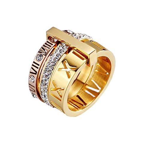 PAMTIER Women's Stainless Steel with Zirconia Roman Numerals 3 in 1 Ring Rose + Gold Size 7.5 Cover