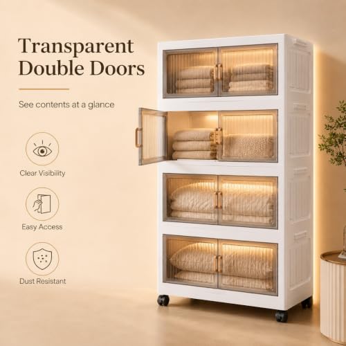 Image of KRISHYAM 4 Tier Plastic Storage Cabinet with Transparent Flip Doors & Wheels, Multipurpose Clothes Organizer for Bedroom, Living Room, Kids Room & Home Storage (4 Layer - 4 Transparent Door (White))