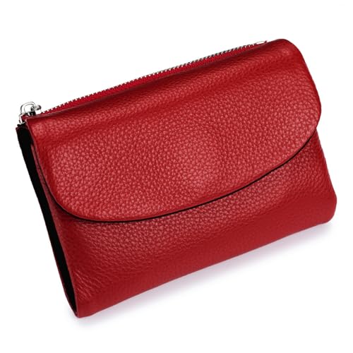 Unisex Pebble Leather Wallet – Small Genuine Leather Card Holder with Coin Zipper, Compact Soft Wallet for Women and Men, 5.3in Short Bifold (Red)
