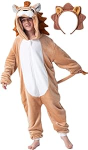 corimori Flauschiges Löwen-Kostüm für Kinder mit Haarreif | Karneval Fasching Kostüm Onesie für Mädchen, Jungen | Körpergröße 110-130cm