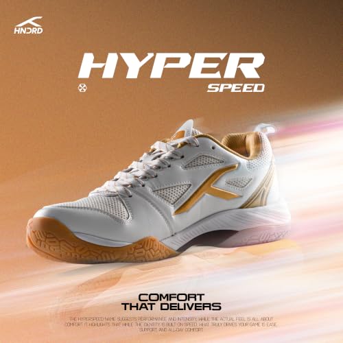 Image of HNDRD Hyperspeed Badminton Shoes (Non Marking) Indoor Sports | All-Day Comfort & Support | Cloud-Cushion Midsole | Active Grip Sole | Effortless Control (White /Crimson ; UK 10)