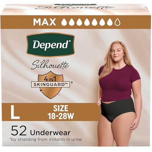 Image of Depend Silhouette Adult Incontinence & Postpartum Bladder Leak Underwear for Women, Maximum Absorbency, Large, Black, 52 Count (2 Packs of 26), Packaging May Vary