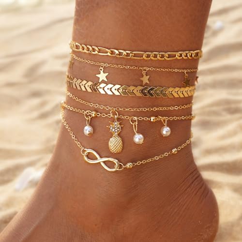 Image of Fesciory 14K Gold Plated Ankle Bracelets Sets For Women, Adjustable Layered Infinite Anklet, Summer Beach Butterfly Star Foot Chain Jewelry Gifts