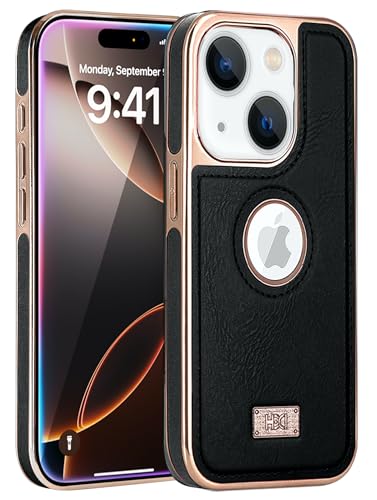 Image of BOUNCEBACK Faux Leather Electroplated Logo Cut Back Case /Cover for iPhone 13 & iPhone 14 - Black