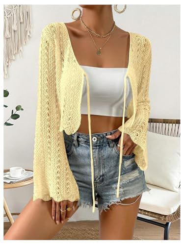 Image of Verdusa Women's Tie Front Crop Cardigan Bell Long Sleeve Scalloped Lightweight Knit Tops Summer Beach Cover Up