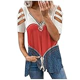 Briskorry T-Shirt Damen Schulterfrei Bluse Sommer Kurzarm Oberteil Elegant Vintage Tops Sexy Reißverschluss V-Ausschnitt Shirts Casual Tunika Top Longshirt Lockere Longbluse