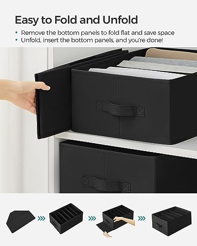 Image of SONGMICS Set of 4 Large Size Wardrobe Clothes Organizers, Ink Black | 6-Compartment Foldable Drawer Organizers with Handles, 16.5 x 11.8 x 6.7 Inches, for Pants, Sweaters, Jeans URUS009B04