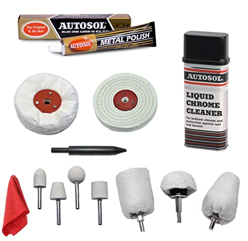 Autosol Chrome & Metal Polishing Buffing Kit Liquid Chrome & Metal Polish Paste 3" x 1/2" Polishing Wheels