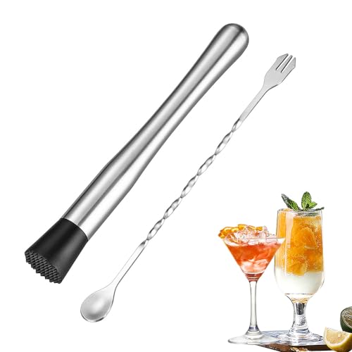 Rukinovi 2 Pcs Muddler for Cocktails,10 Inch Muddler and 8 Inch Bar Spoon,Stainless Cocktail Accessories for Drink - Create Delicious Mojitos and Other Fruit Based Drinks