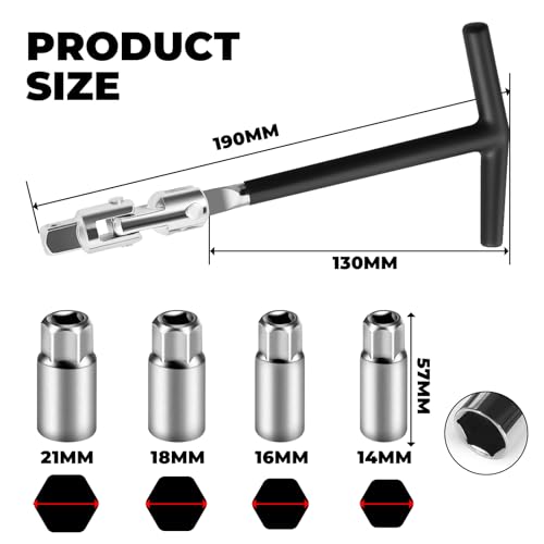 SZHUGEKI Zündkerzenschlüssel Set, 14/16/18/21mm, 5-teilig Universal Zündkerzenschlüssel, T-Griff Zündkerzen Steckschlüssel für Auto und Motorradfür(Schwarz)