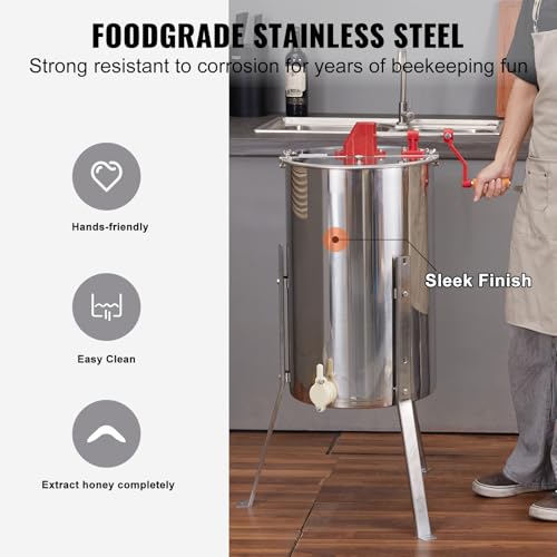 VEVOR Honey Extractor, 2/4 Frame Stainless Steel Manual Beekeeping Extraction, Honeycomb Drum Spinner with Transparent Lid, Apiary Centrifuge Equipment with Height Adjustable Stand, Silver - Image 6
